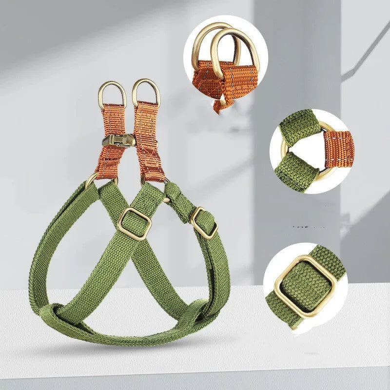 Brown vest-style dog leash with chest harness and alloy fastener on a dog.