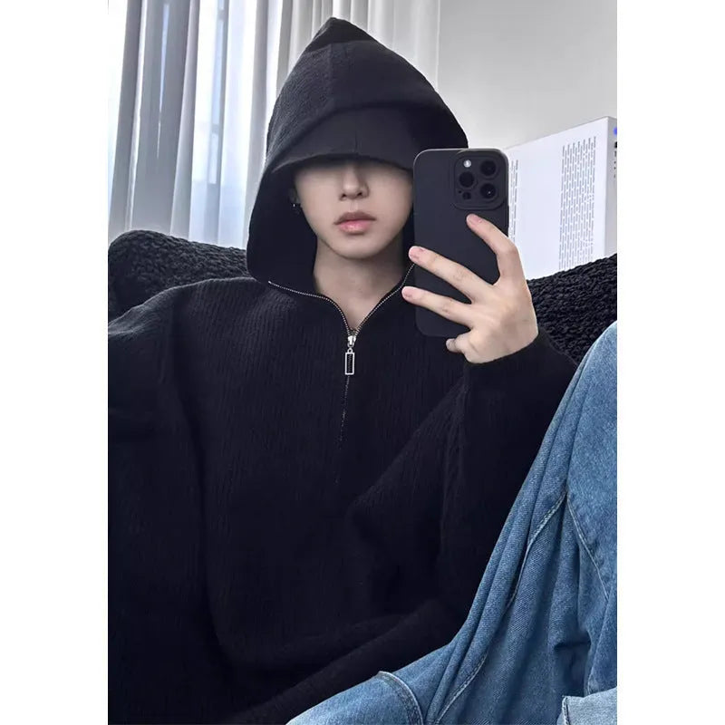 Loose baggy knitted sweater coat, long sleeve, polyester fiber, shown in dark gray black khaki, sizes M to 3XL