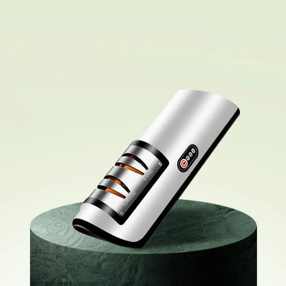 Electric knife sharpener with USB recharging, adjustable settings, and modern design for precise, easy blade honing