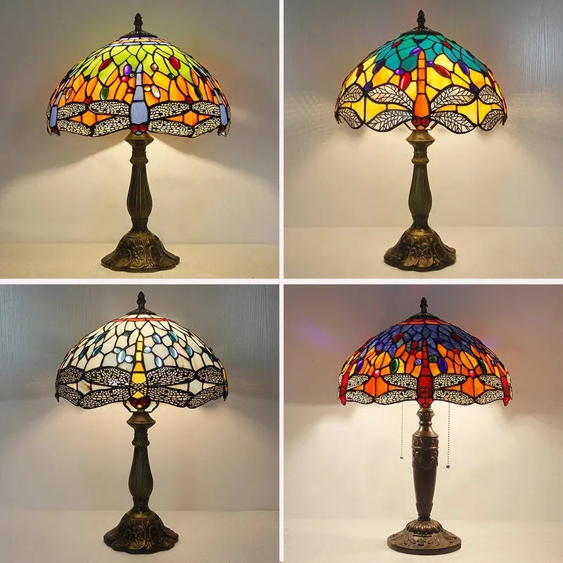 European style stone table lamp with dragonfly motif in blue finish, 30cm height