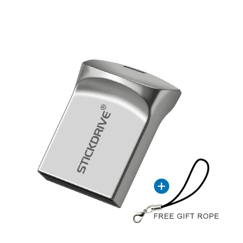 Silver metal USB flash drive with a carabiner keychain clip attached