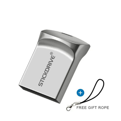 Silver metal USB flash drive with a carabiner keychain clip attached