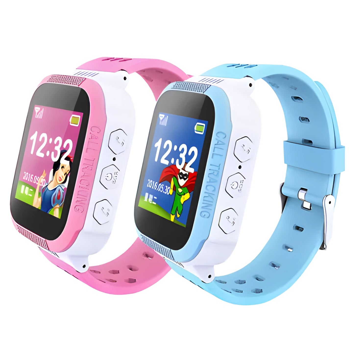 Blue and pink children's smartwatch with a 1.44-inch colour screen on a wrist.