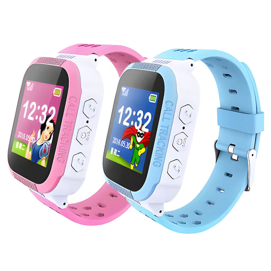 Blue and pink children's smartwatch with a 1.44-inch colour screen on a wrist.