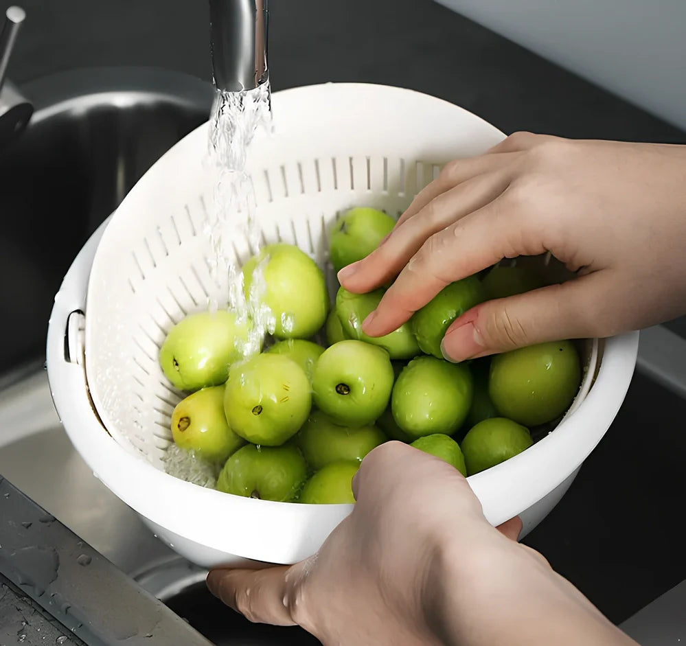 Double-dish sink drain basket with 30cm upper tier and 25cm lower tier in apricot colour