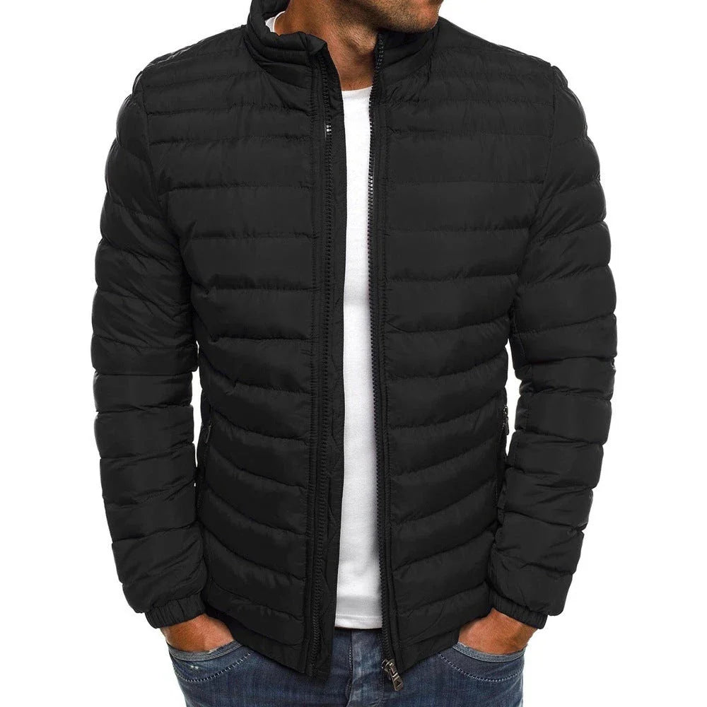 Warm padded winter jacket for men in various solid colors, featuring zippered pockets and a loose, comfortable fit for easy layering.