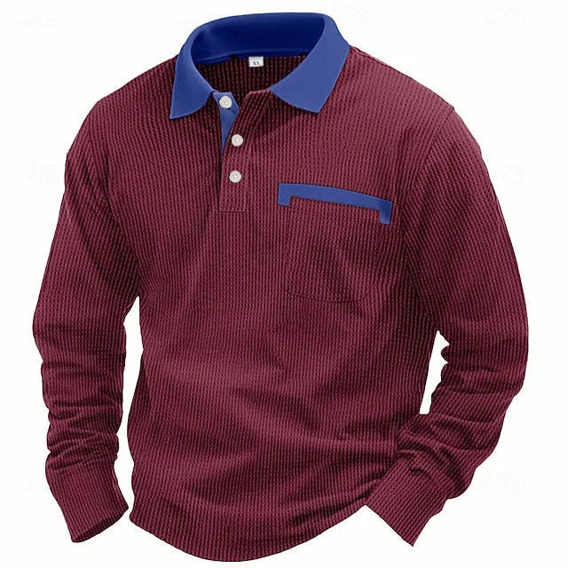 Men's long-sleeved waffle texture polo shirt with asymmetric design in loose fit