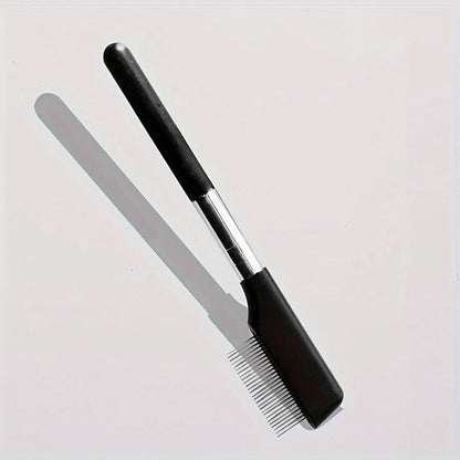 Black pet grooming brush with silicone bristles and plastic comb for dog and cat eye care.