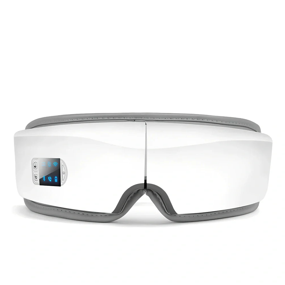 White folding eye massager device with LCD screen, shown in open and closed positions