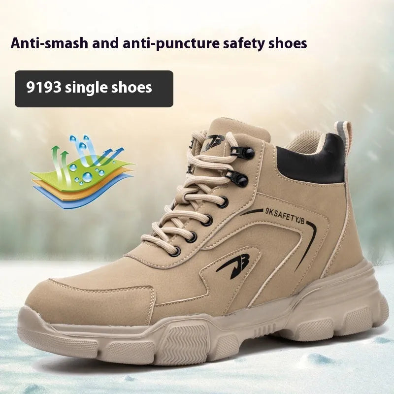 Men's brown leather labour protection safety shoes with a rubber sole.