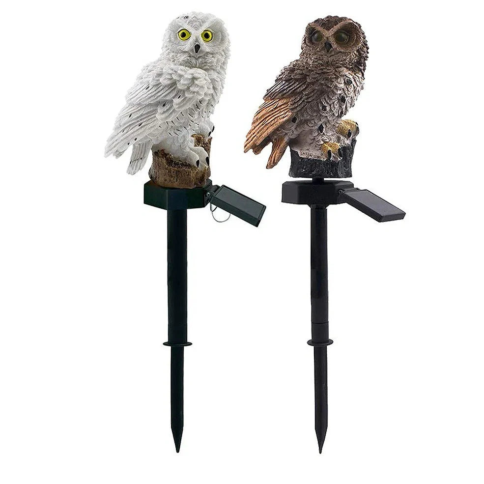 Solar owl garden light with realistic design standing 45cm tall, featuring LED illumination and solar panel