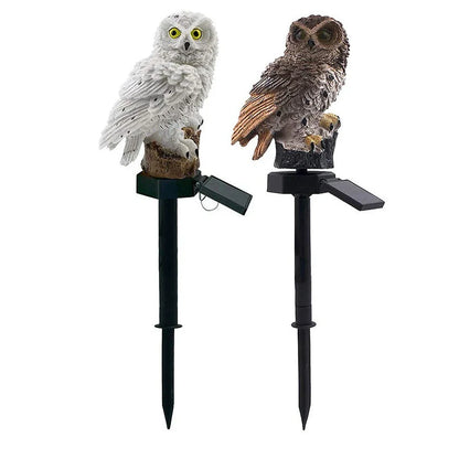 Solar owl garden light with realistic design standing 45cm tall, featuring LED illumination and solar panel