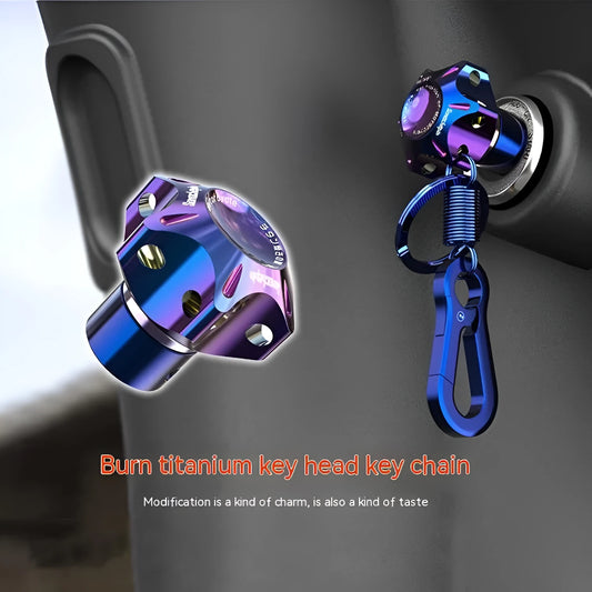 T6 aluminium motorcycle key cover in hexagonal, pentagram and plum blossom designs with blue white keychain