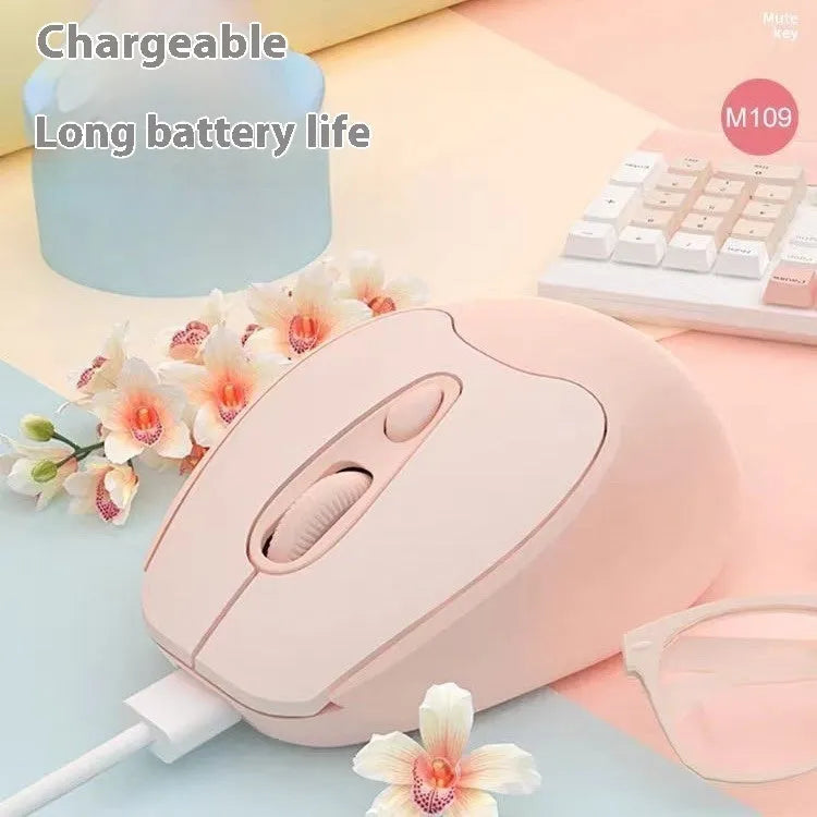 Dual-mode Bluetooth wireless mouse with quiet click operation for office and gaming use, compatible with laptops, tablets, and mobile phones, featuring self-charging power and available in girl pink, milk tea pink, grey, and green colour options