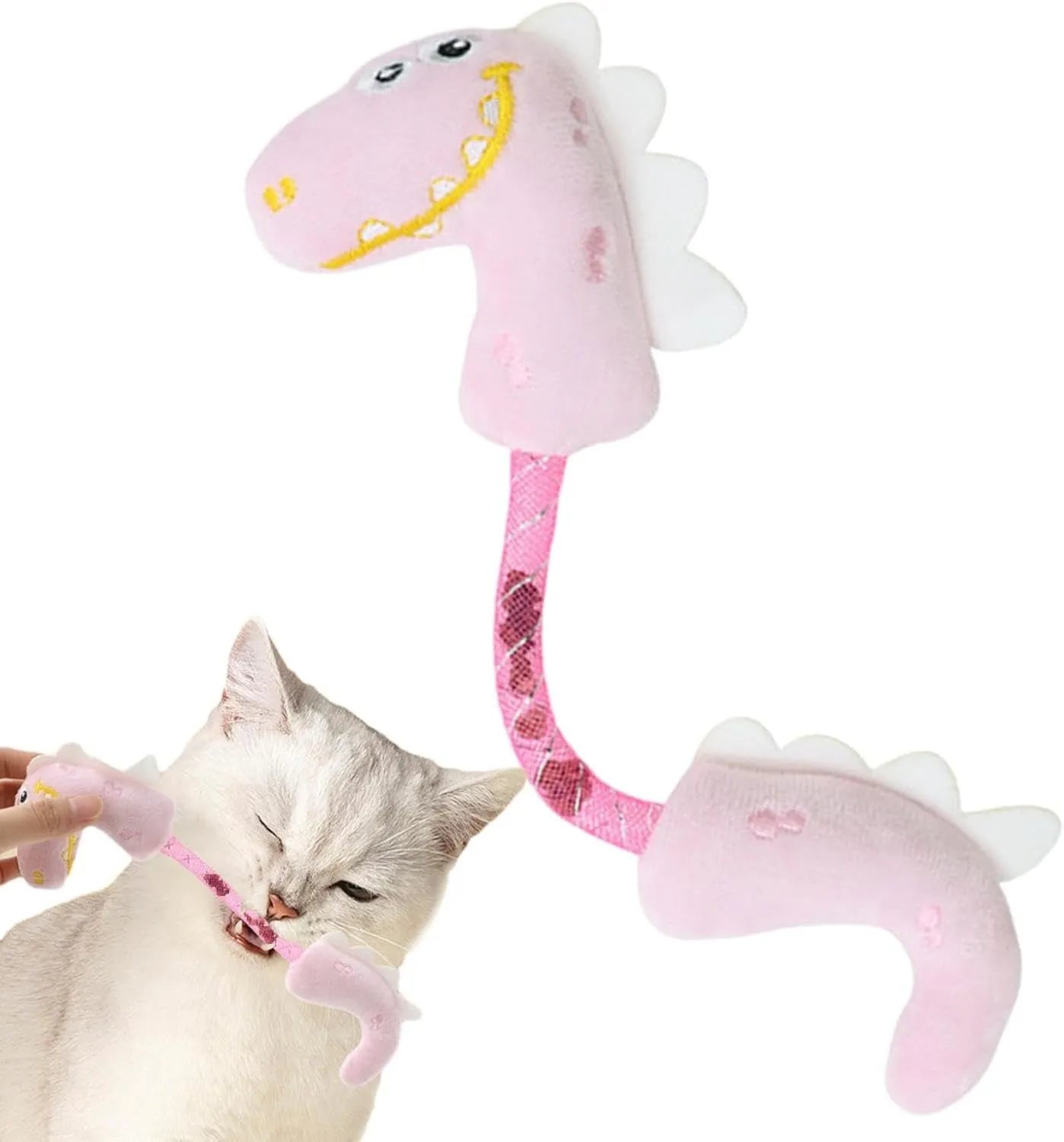 Set of four colourful plush cat toys: a fish, a mouse, a bunny, and a knotted rope, on a neutral background.