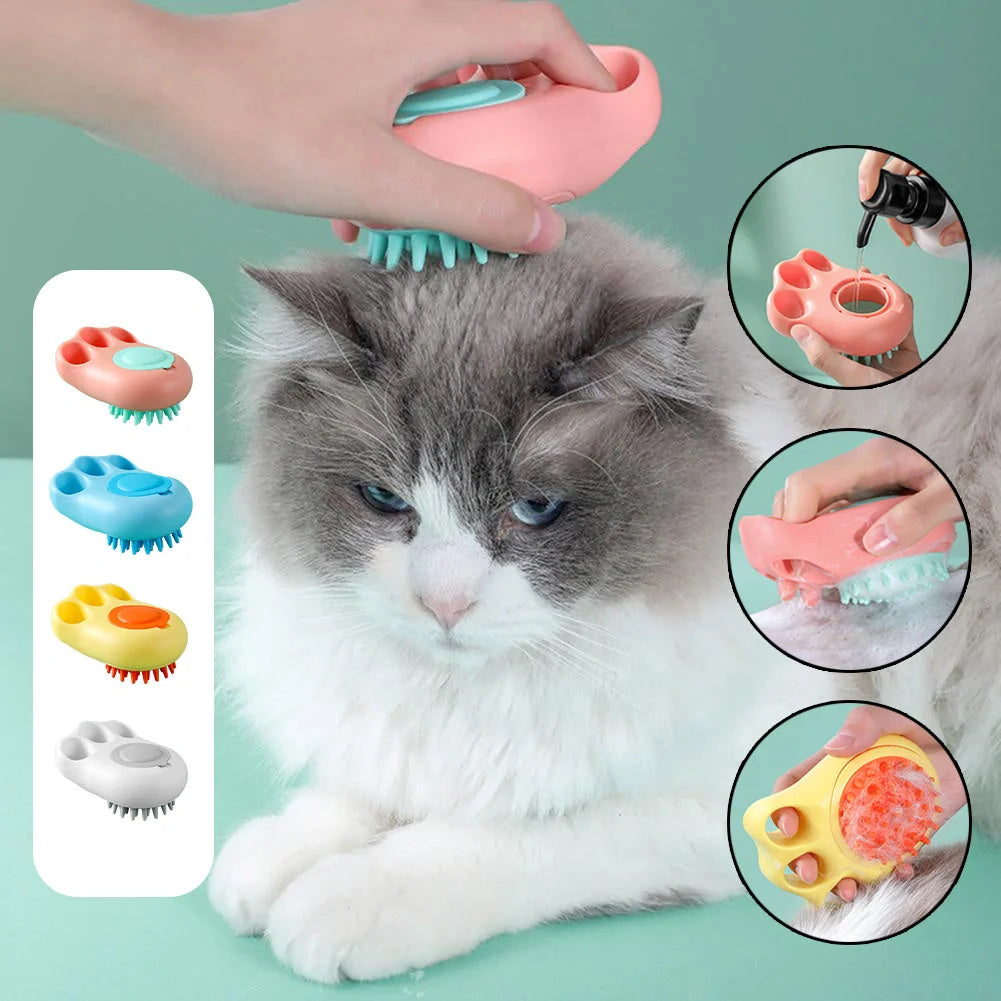 Claw-shaped pet grooming brush in pink, blue, yellow, and grey
