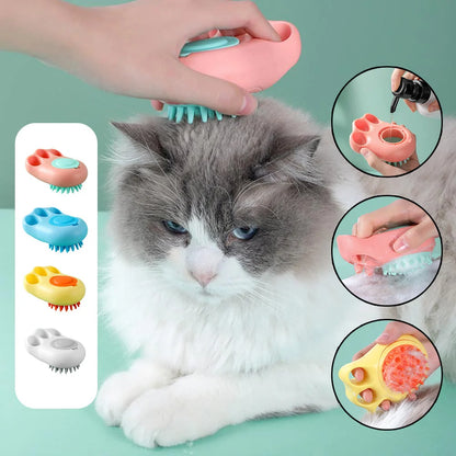 Claw-shaped pet grooming brush in pink, blue, yellow, and grey