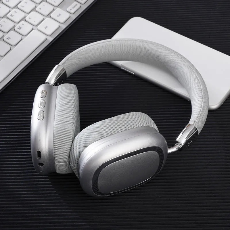 Bluetooth over-ear headset in dark black with 40mm subwoofer speaker, Type-C port, and PC ABS frame