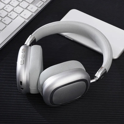 Bluetooth over-ear headset in dark black with 40mm subwoofer speaker, Type-C port, and PC ABS frame