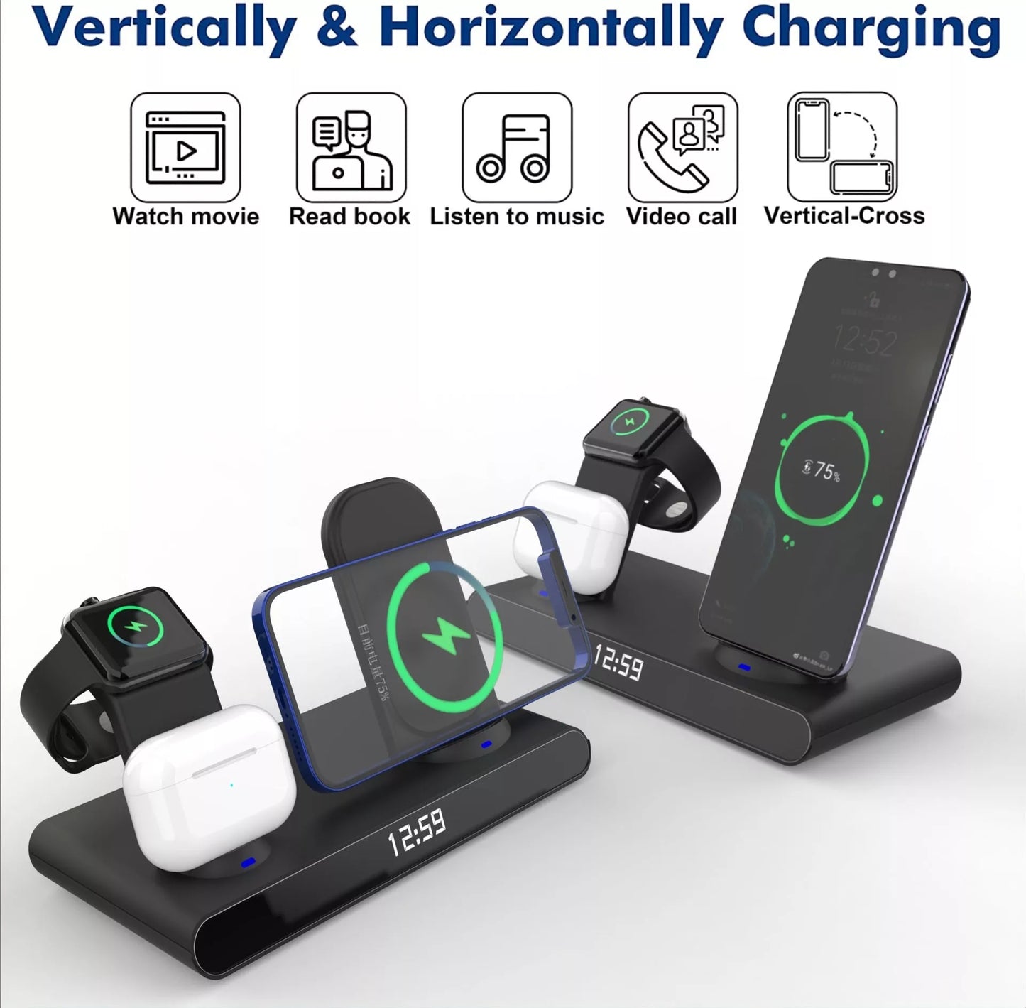 Clock 15W 3-in-1 Wireless Charger in black and white, compatible with Qi-enabled devices