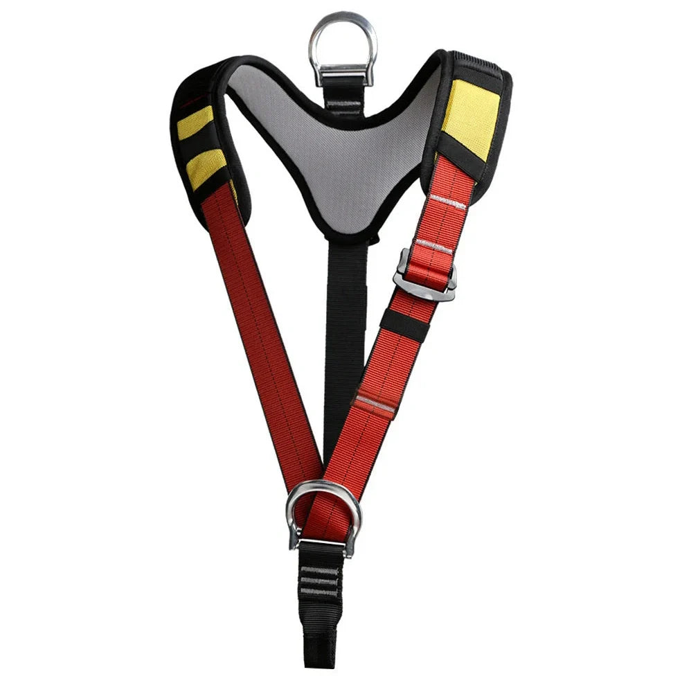 Red outdoor rescue seat belt for caving with reinforced stitching and polyester-silk blend material