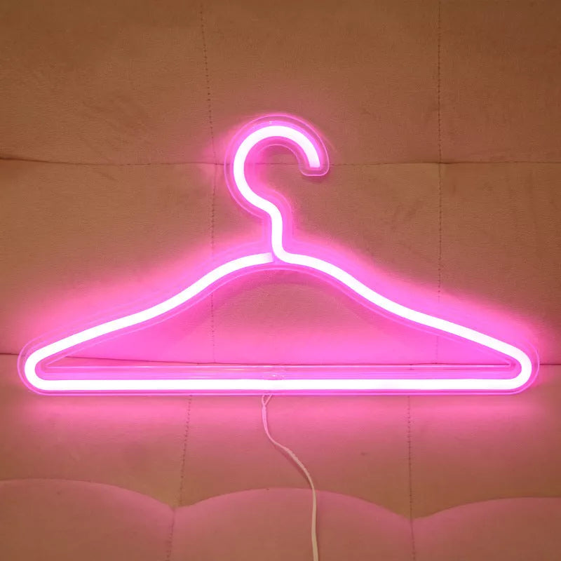 USB powered LED neon light clothes hanger with waterproof design in white, pink, and warm light options