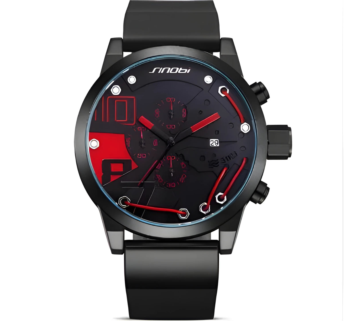 Men's quartz chronograph watch with 50mm stainless steel case, 25mm silicone band, and blue, green, or red colour option