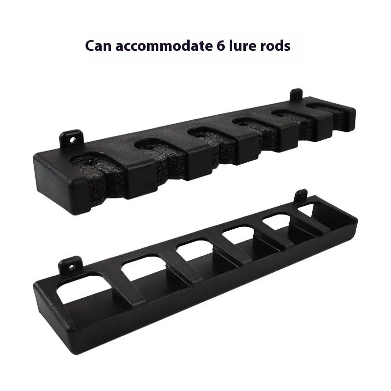 Black ABS wall-mounted fishing rod storage rack holding multiple rods horizontally on a shed wall.