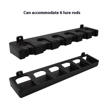 Black ABS wall-mounted fishing rod storage rack holding multiple rods horizontally on a shed wall.