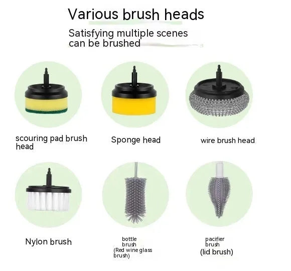 Green electric cleaning brush with scouring pad and brush heads on a kitchen worktop.