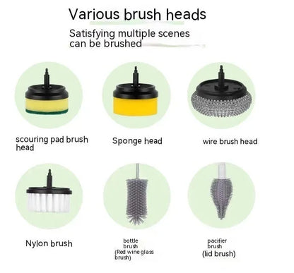 Green electric cleaning brush with scouring pad and brush heads on a kitchen worktop.
