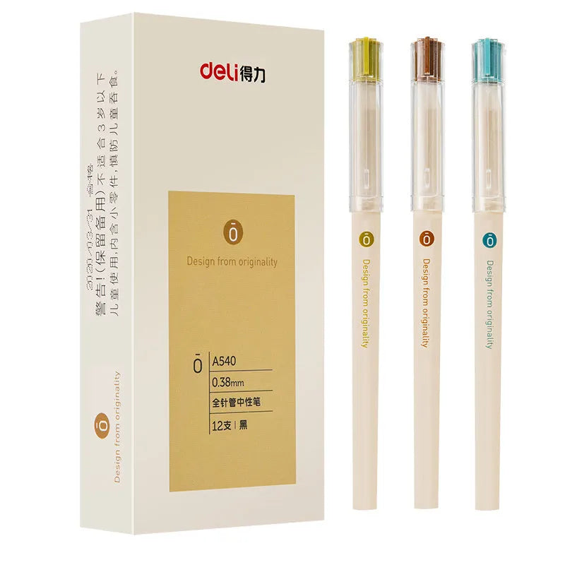 Deli A540 0.38mm black gel pens in boxed packaging showing needle tube tip design