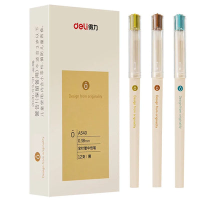 Deli A540 0.38mm black gel pens in boxed packaging showing needle tube tip design