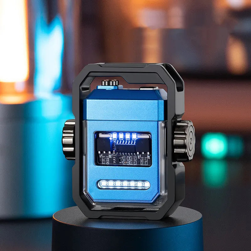 Pulse Lighter showing double arc flame, mechanical gyroscope, and folding zinc alloy body in blue colour