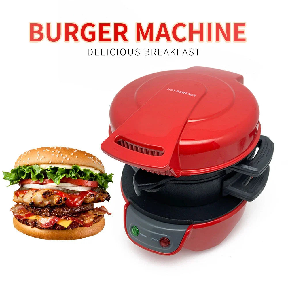 Versatile Breakfast Maker with sandwich, waffle, and egg cooking functions in bright red, orange, and silver gray colors