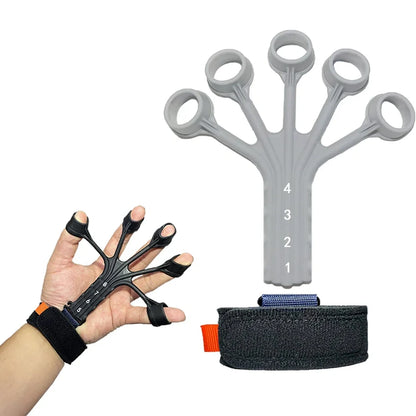 Black silicone finger rehabilitation trainer with adjustable resistance belt for hand exercises
