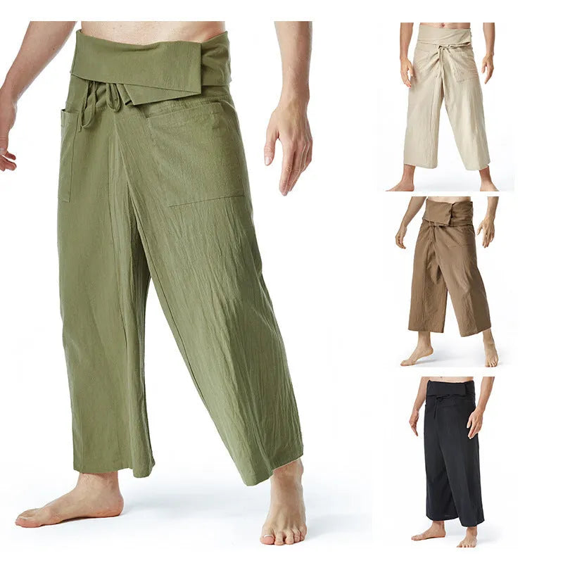 Free Size Loose Sports Yoga Pirate Harem Pants in Linen with Drawstring Waist, Straight Leg, Japanese Retro Style, Available in Black, Khaki, Army Green and Brown for Leisure and Spring Wear