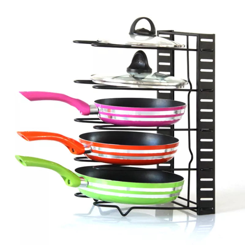 Adjustable metal pot shelf rack for kitchen storage with 5 tiers and no-drill installation