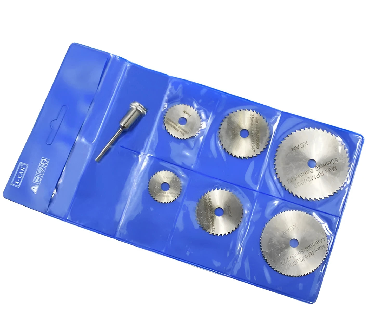 Set of six high-speed steel circular saw blades and a mandrel for woodworking tools.