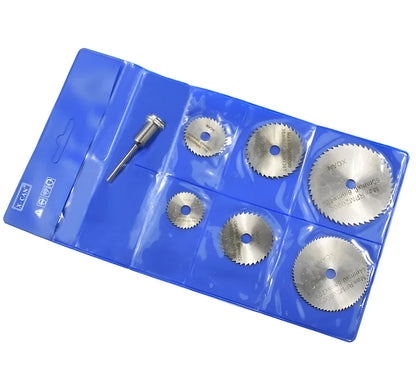 Set of six high-speed steel circular saw blades and a mandrel for woodworking tools.