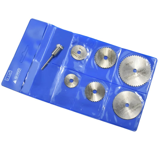 Set of six high-speed steel circular saw blades and a mandrel for woodworking tools.