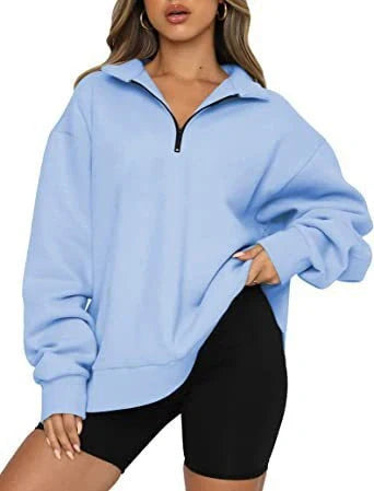 Women's zip turndown collar sweatshirt in various colors, showcasing loose fit and zipper detail.