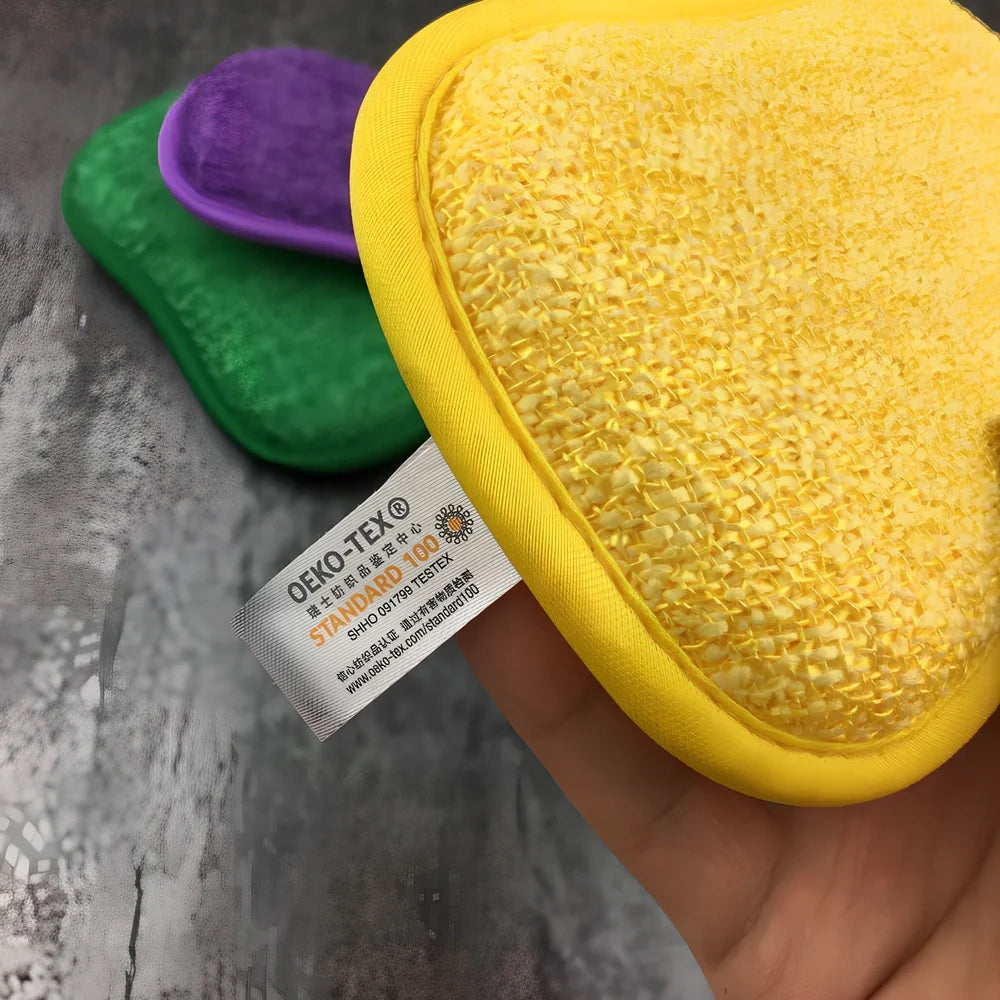 Kitchen cleaning towel with integrated sponge block and scouring pad surface measuring 30x40cm