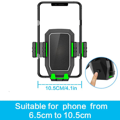 Green car kettle and mobile phone holder with drink rack showing compact 16.5×11×18.5cm dimensions