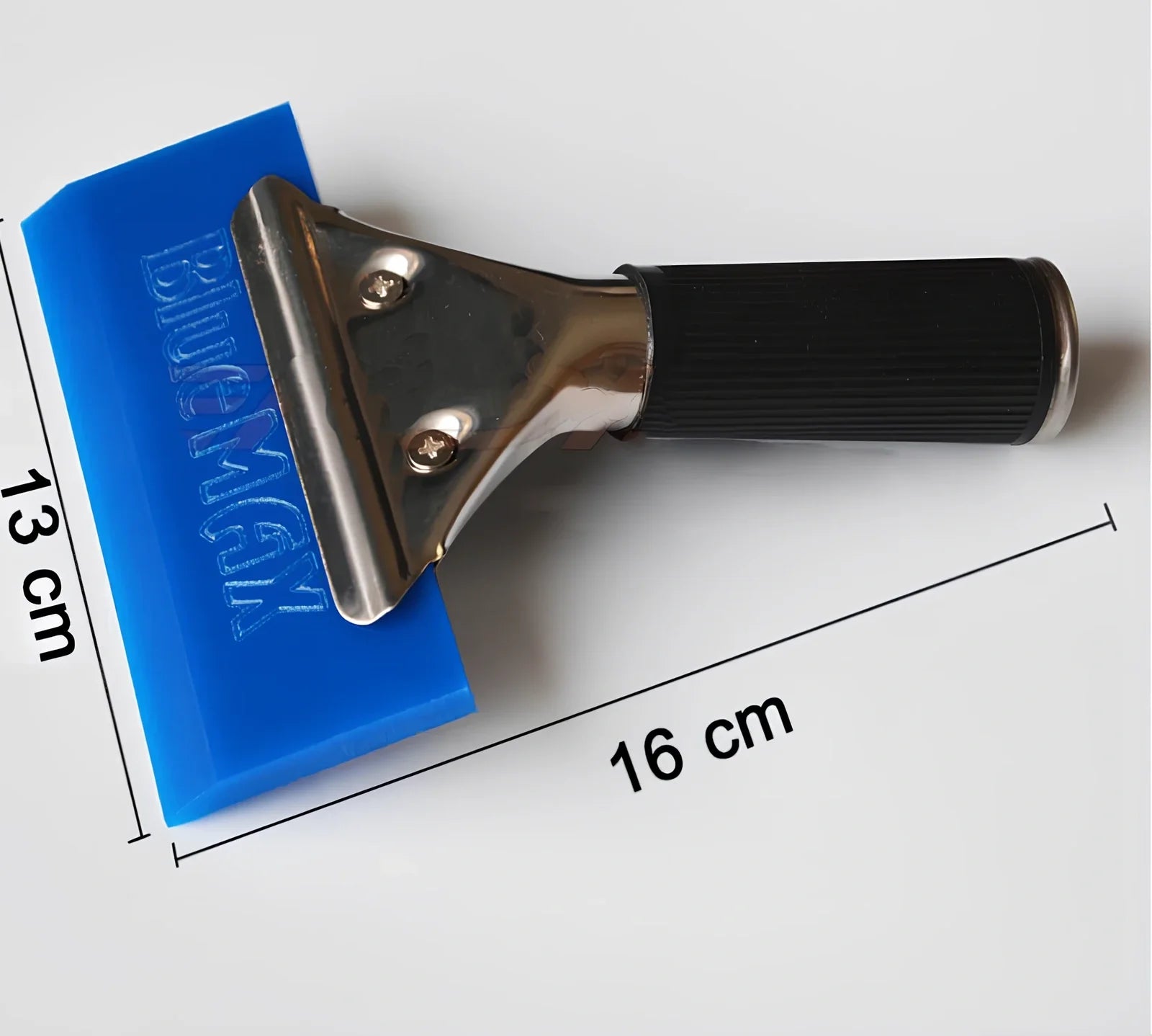 Stainless steel handled car water scraper with blue 13x16cm rubber blade for vehicle detailing