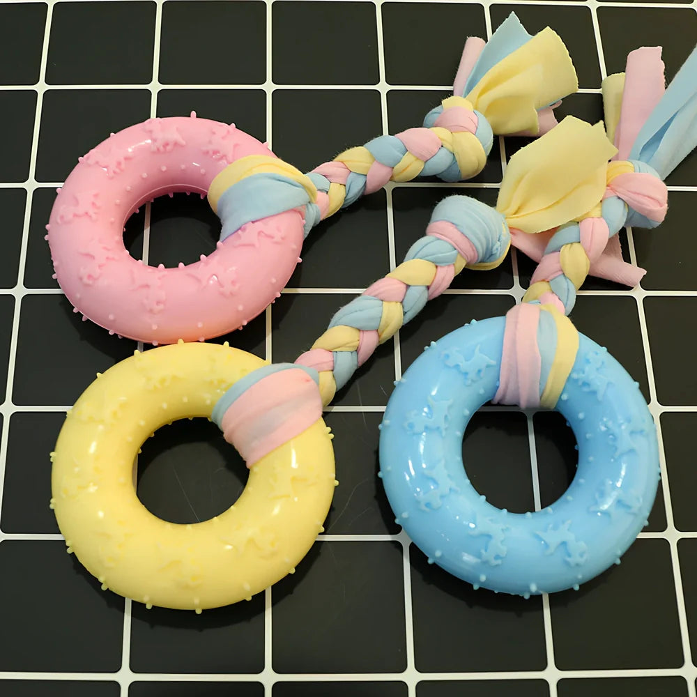 Non-toxic rubber dog chew toys in star, ring and ball shapes with textured cleaning surface