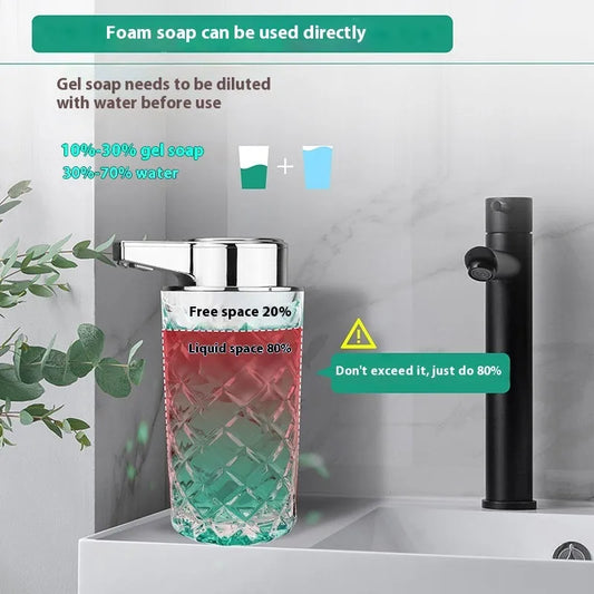Automatic soap dispenser with silver finish and Type-C charging port showing infrared sensor beneath nozzle