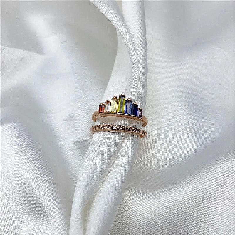 Stylish Rainbow Micro Diamond Ring with geometric design and vibrant colors