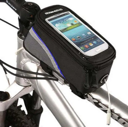 ROSWHEEL bicycle frame bag in black showing mounting on bike frame with iPhone inside