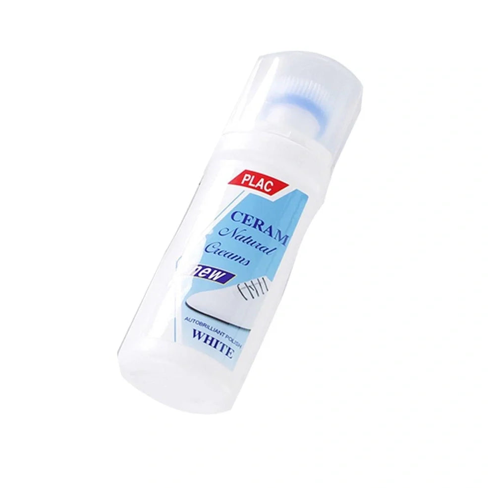 White liquid decontamination shoe cleaner bottle for stain removal and bacterial reduction on footwear